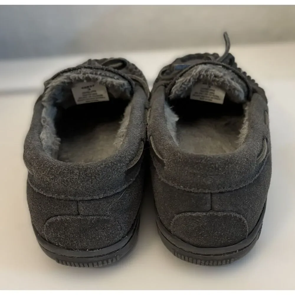 Minnetonka Kids Pile Lined Hard Sole Moccasin Slippers in Charcoal Size 3